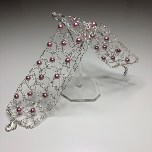 Silver Crochet Pink bead Cuff Bracelet | SilverTales | Hand Crafted Jewellery