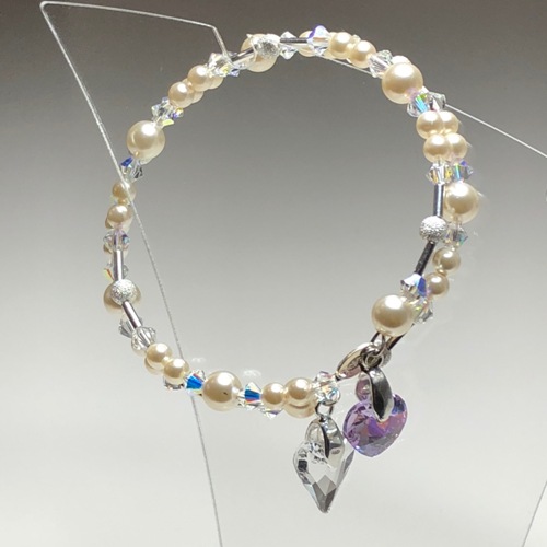 Cream Double Heart Swarovski Coil Bracelet | SilverTales | Hand Crafted Jewellery