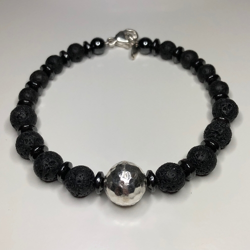 Round Charm Bracelet - Lava, Hematite  | SilverTales | Hand Crafted Jewellery