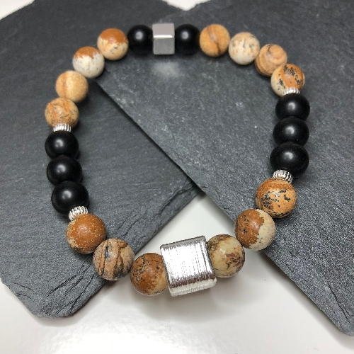 Picture Jasper, Onyx and Karen Silver Stretch Bracelet | SilverTales | Hand Crafted Jewellery